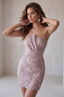 Laden Sie das Bild in den Galerie-Viewer, Trägerloses Bodycon-Perlmutt, gefaltetes kurzes Homecoming-Kleid mit Perlen