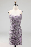 Laden Sie das Bild in den Galerie-Viewer, Lila Bodycon Spaghettiträger Kurzes Abendkleid mit Pailletten