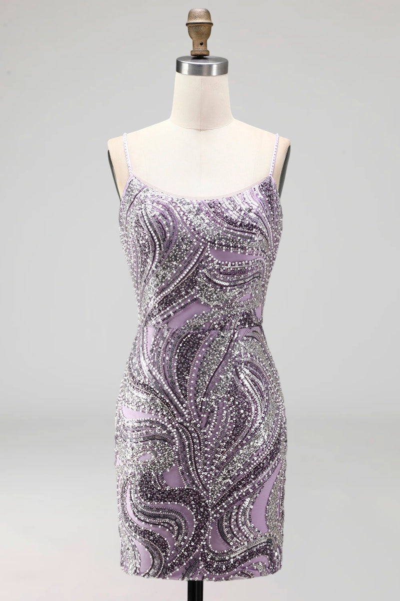Laden Sie das Bild in den Galerie-Viewer, Lila Bodycon Spaghettiträger Kurzes Abendkleid mit Pailletten