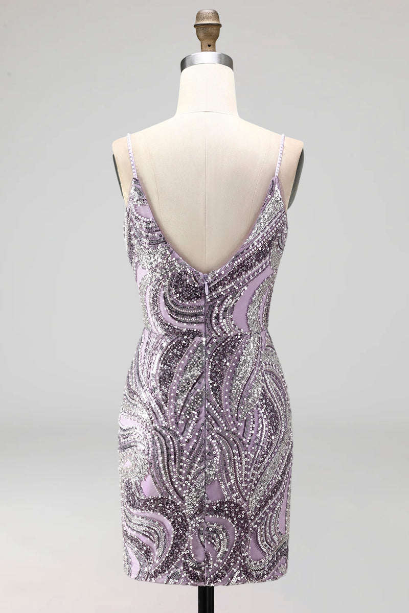 Laden Sie das Bild in den Galerie-Viewer, Lila Bodycon Spaghettiträger Kurzes Abendkleid mit Pailletten