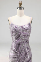 Laden Sie das Bild in den Galerie-Viewer, Lila Bodycon Spaghettiträger Kurzes Abendkleid mit Pailletten
