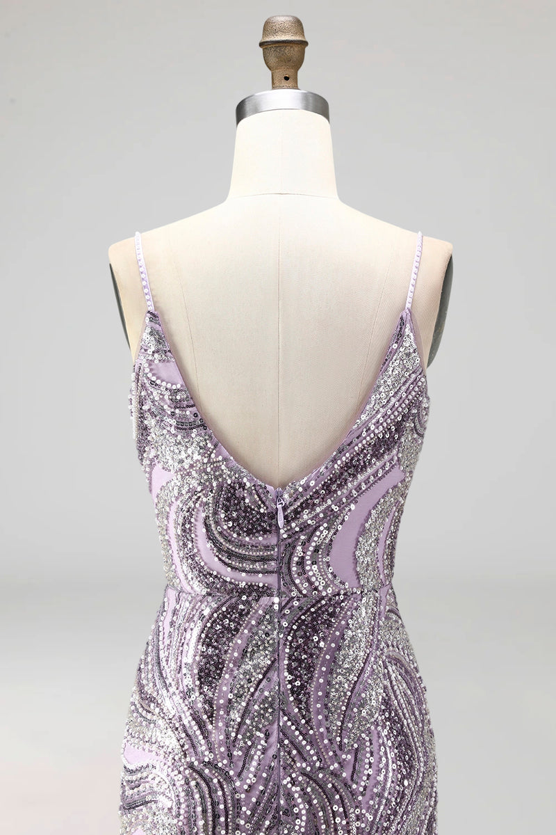 Laden Sie das Bild in den Galerie-Viewer, Lila Bodycon Spaghettiträger Kurzes Abendkleid mit Pailletten