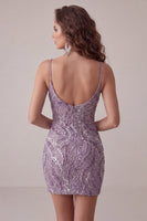 Laden Sie das Bild in den Galerie-Viewer, Lila Bodycon Spaghettiträger Kurzes Homecoming-Kleid mit Pailletten