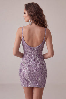 Lila Bodycon Spaghettiträger Kurzes Abendkleid mit Pailletten