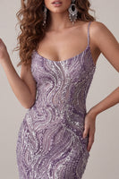 Laden Sie das Bild in den Galerie-Viewer, Lila Bodycon Spaghettiträger Kurzes Homecoming-Kleid mit Pailletten
