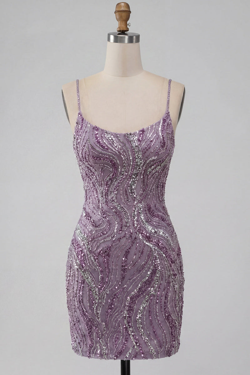 Laden Sie das Bild in den Galerie-Viewer, Lila Bodycon Spaghettiträger Kurzes Homecoming-Kleid mit Pailletten