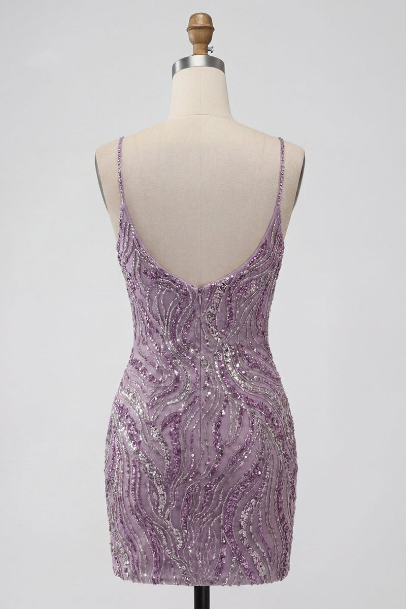 Laden Sie das Bild in den Galerie-Viewer, Lila Bodycon Spaghettiträger Kurzes Homecoming-Kleid mit Pailletten
