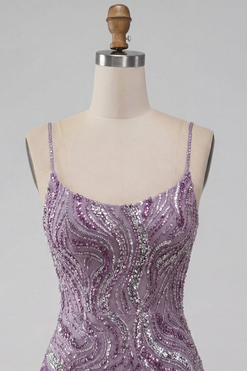Laden Sie das Bild in den Galerie-Viewer, Lila Bodycon Spaghettiträger Kurzes Homecoming-Kleid mit Pailletten