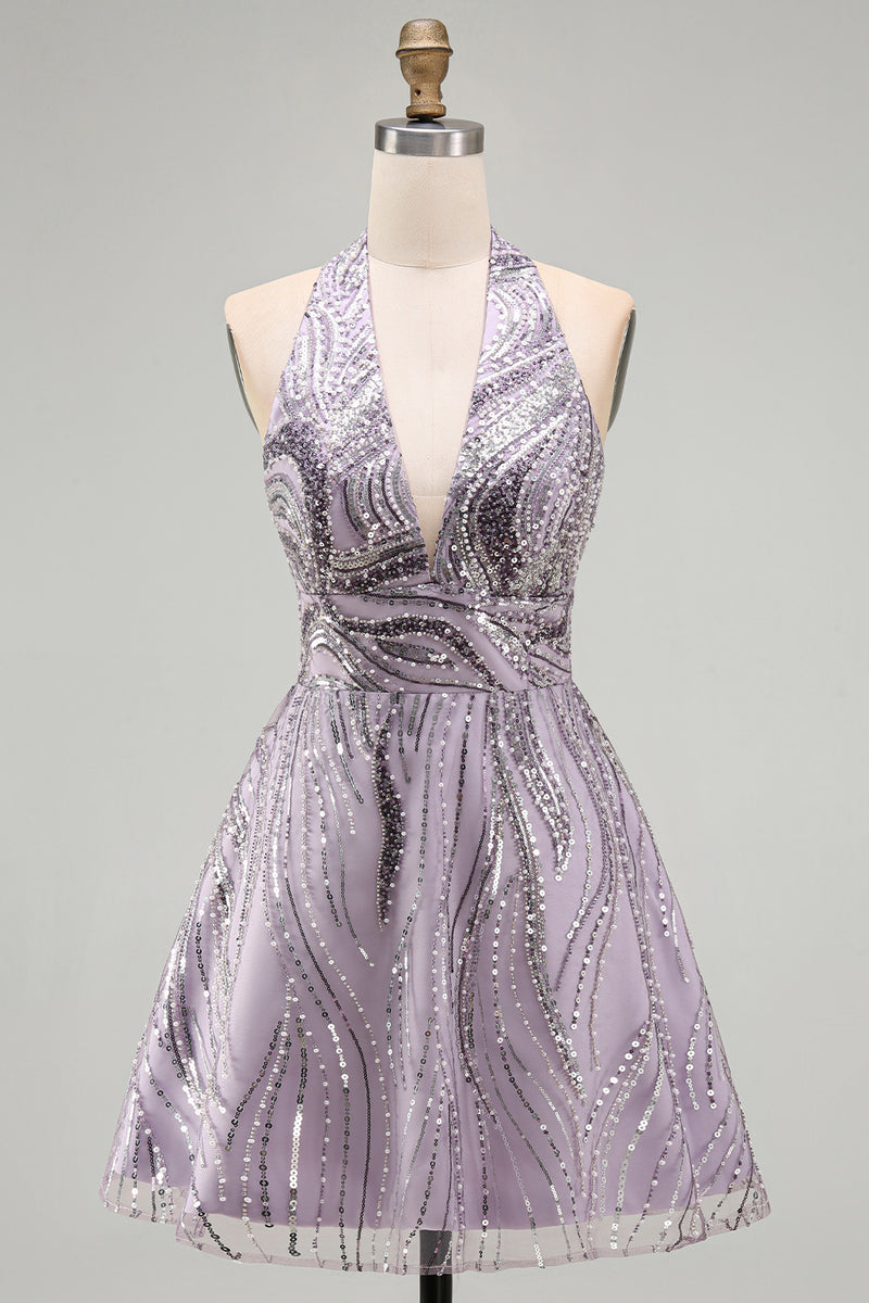 Laden Sie das Bild in den Galerie-Viewer, A-Linie Lila Neckholderhals Rückenloses Kurzes Abendkleid mit Pailletten