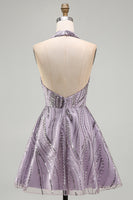 Laden Sie das Bild in den Galerie-Viewer, A-Linie Lila Neckholderhals Rückenloses Kurzes Abendkleid mit Pailletten