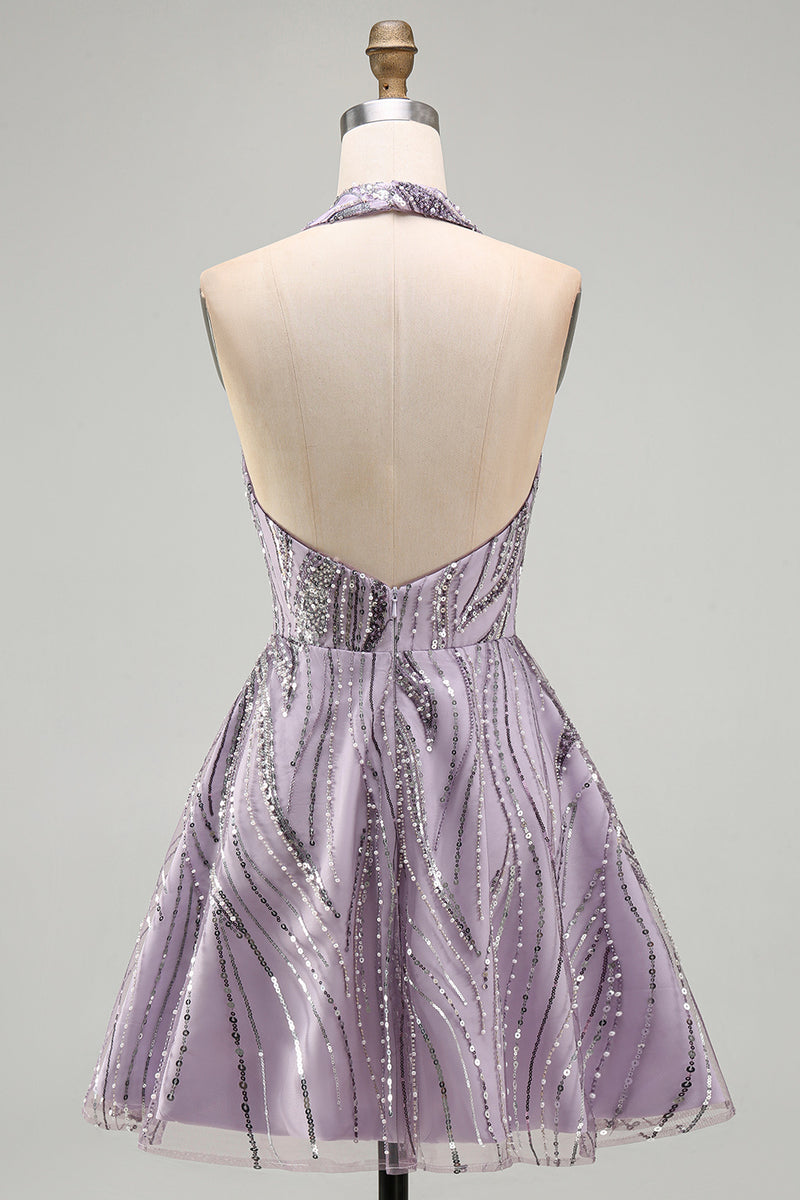 Laden Sie das Bild in den Galerie-Viewer, A-Linie Lila Neckholderhals Rückenloses Kurzes Abendkleid mit Pailletten