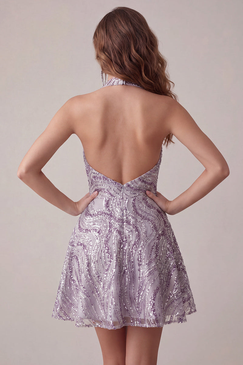 Laden Sie das Bild in den Galerie-Viewer, A-Line lilafarbener Neckholderhals Rückenloses kurzes Homecoming-Kleid mit Pailletten