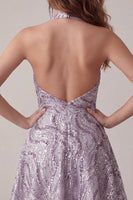 Laden Sie das Bild in den Galerie-Viewer, A-Line lilafarbener Neckholderhals Rückenloses kurzes Homecoming-Kleid mit Pailletten