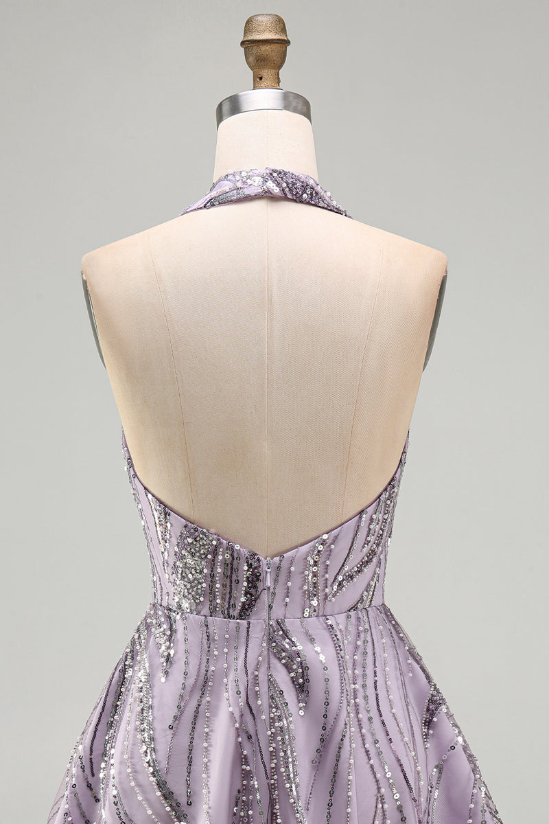 Laden Sie das Bild in den Galerie-Viewer, A-Linie Lila Neckholderhals Rückenloses Kurzes Abendkleid mit Pailletten