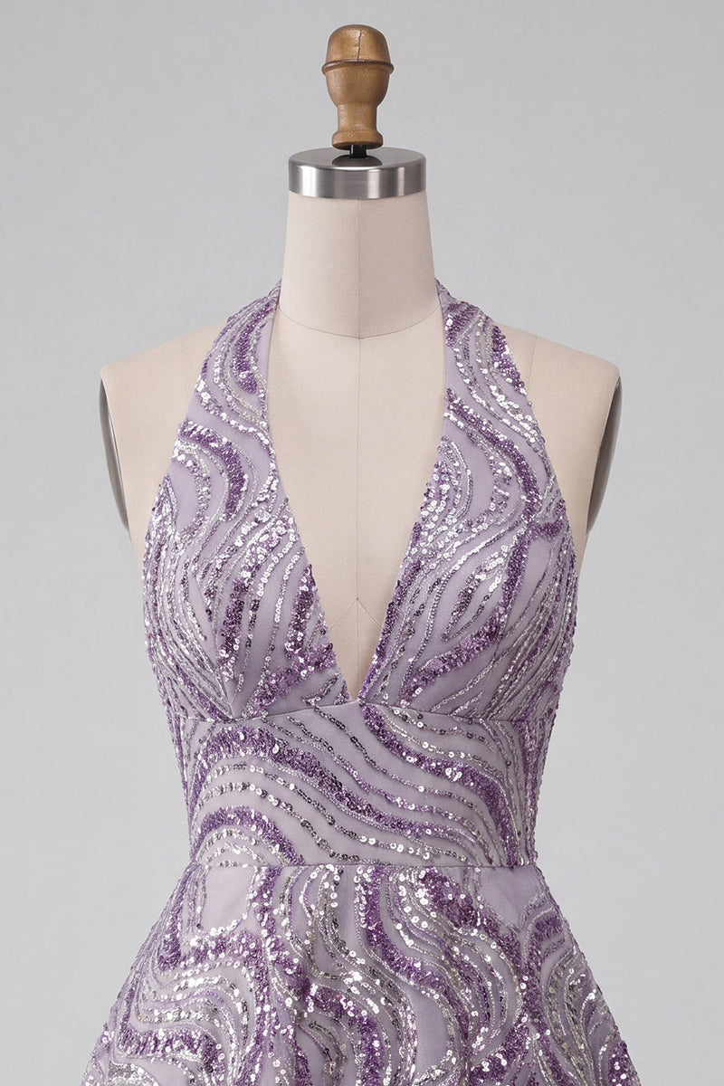 Laden Sie das Bild in den Galerie-Viewer, A-Line lilafarbener Neckholderhals Rückenloses kurzes Homecoming-Kleid mit Pailletten