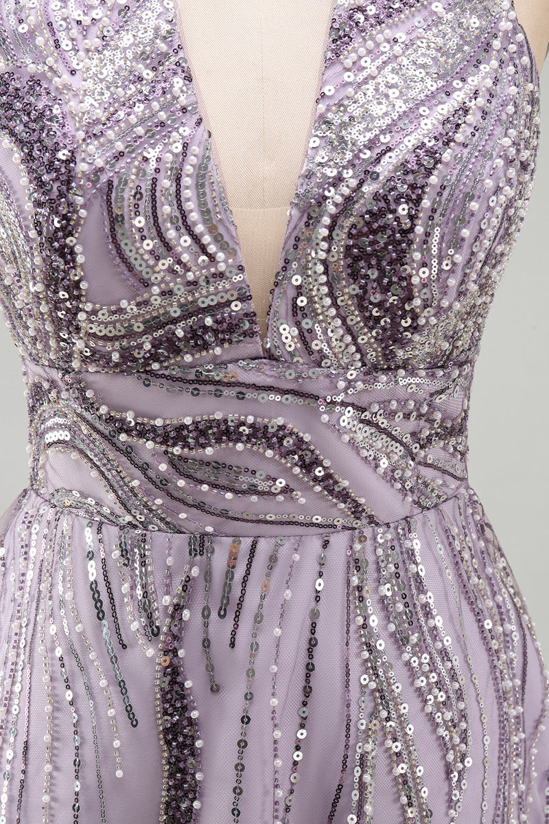 Laden Sie das Bild in den Galerie-Viewer, A-Linie Lila Neckholderhals Rückenloses Kurzes Abendkleid mit Pailletten