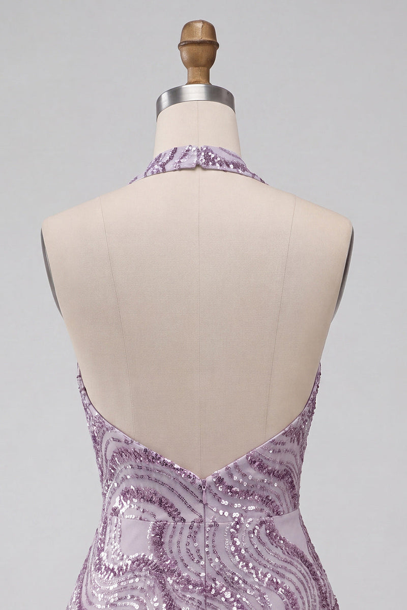 Laden Sie das Bild in den Galerie-Viewer, A-Line lilafarbener Neckholderhals Rückenloses kurzes Homecoming-Kleid mit Pailletten