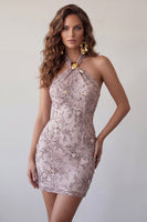 Laden Sie das Bild in den Galerie-Viewer, Nebelhalshals Bodycon Pearl Floral Short Homecoming Kleid mit Perlen