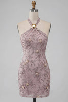 Laden Sie das Bild in den Galerie-Viewer, Nebelhalshals Bodycon Pearl Floral Short Homecoming Kleid mit Perlen