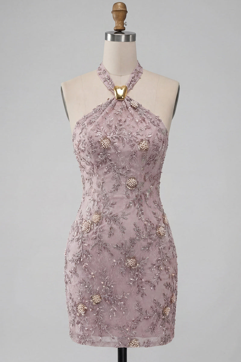 Laden Sie das Bild in den Galerie-Viewer, Nebelhalshals Bodycon Pearl Floral Short Homecoming Kleid mit Perlen