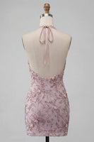 Laden Sie das Bild in den Galerie-Viewer, Nebelhalshals Bodycon Pearl Floral Short Homecoming Kleid mit Perlen