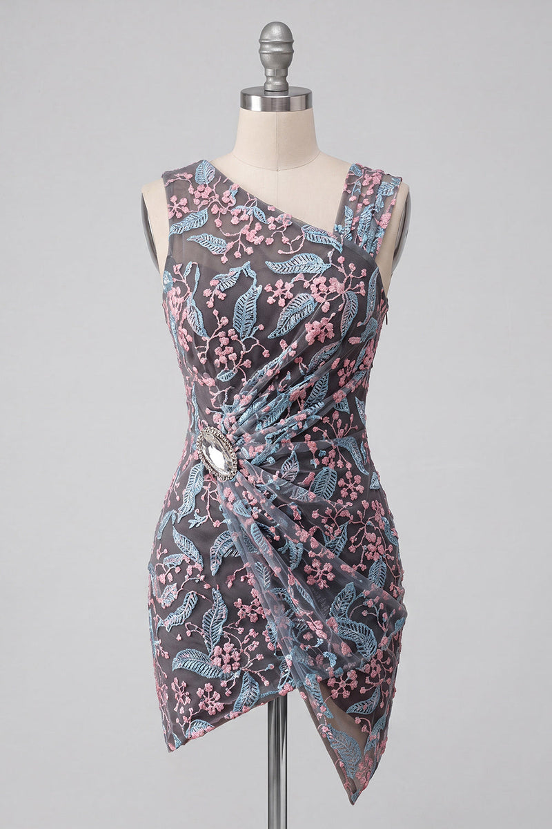 Laden Sie das Bild in den Galerie-Viewer, Schwarzes Bodycon-Floral-Falten-Kurzes Homecoming-Kleid mit Stickerei