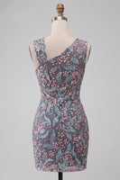 Laden Sie das Bild in den Galerie-Viewer, Schwarzes Bodycon-Floral-Falten-Kurzes Homecoming-Kleid mit Stickerei
