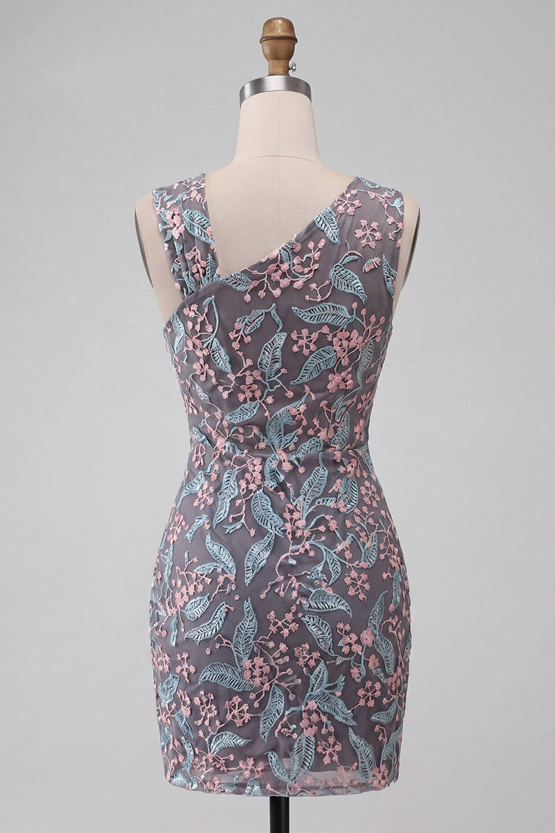 Laden Sie das Bild in den Galerie-Viewer, Schwarzes Bodycon-Floral-Falten-Kurzes Homecoming-Kleid mit Stickerei
