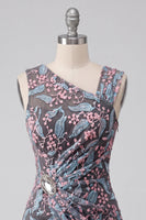 Laden Sie das Bild in den Galerie-Viewer, Schwarzes Bodycon-Floral-Falten-Kurzes Homecoming-Kleid mit Stickerei