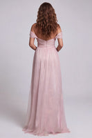 Laden Sie das Bild in den Galerie-Viewer, Hellrosa Gerafftes Meerjungfrauen Off-the-Shoulder Festkleid mit Rüschen