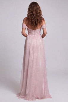 Hellrosa Gerafftes Meerjungfrauen Off-the-Shoulder Festkleid mit Rüschen