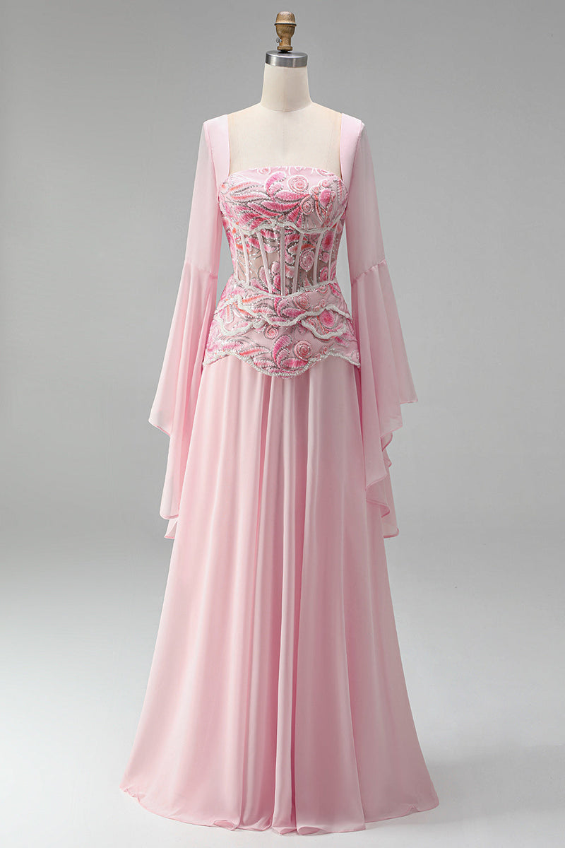 Laden Sie das Bild in den Galerie-Viewer, Hellrosa Stickerei-Korsett A-Linie Peplum Chiffon Langballkleid mit langen Glöckeärmeln