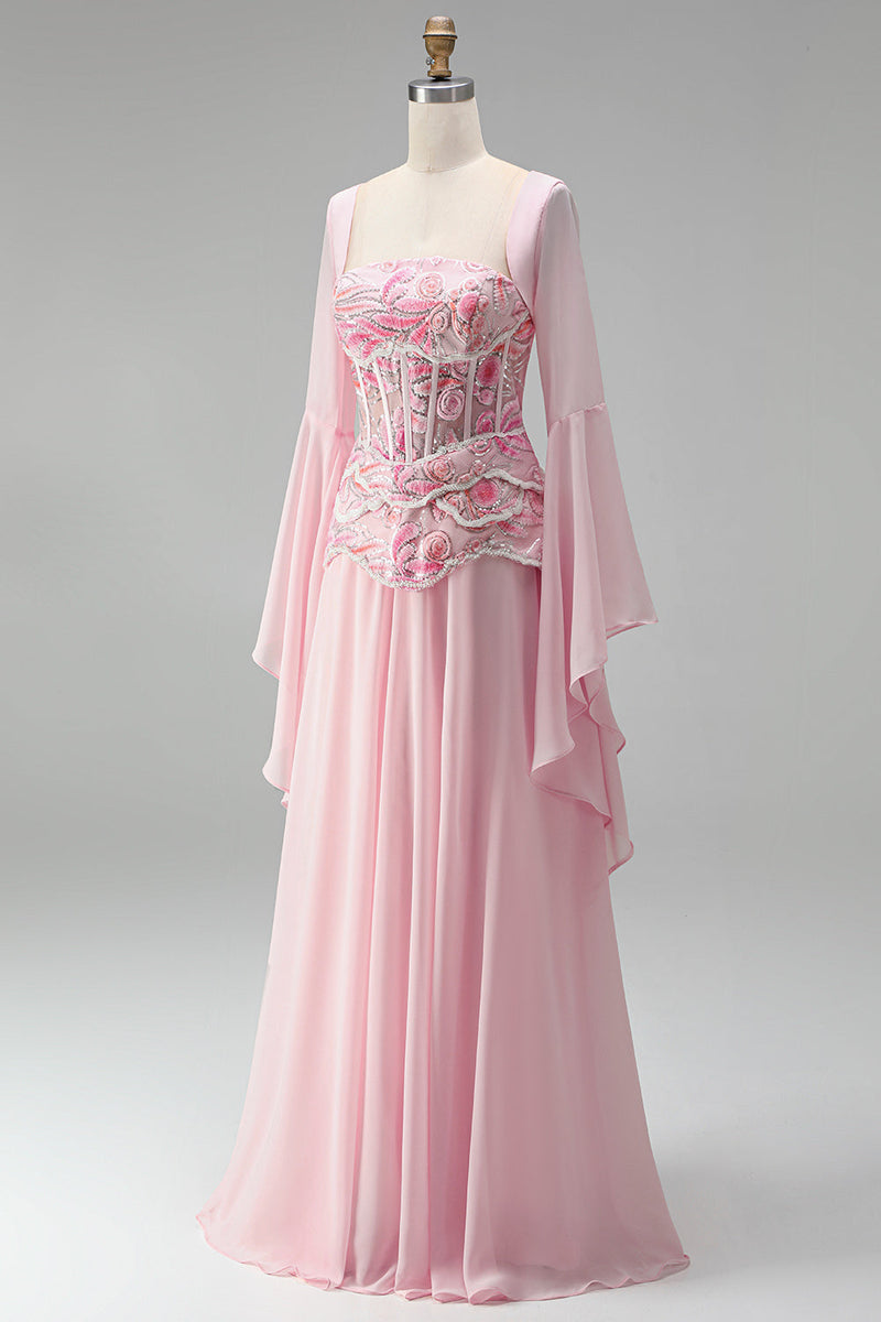 Laden Sie das Bild in den Galerie-Viewer, Hellrosa Stickerei-Korsett A-Linie Peplum Chiffon Langballkleid mit langen Glöckeärmeln