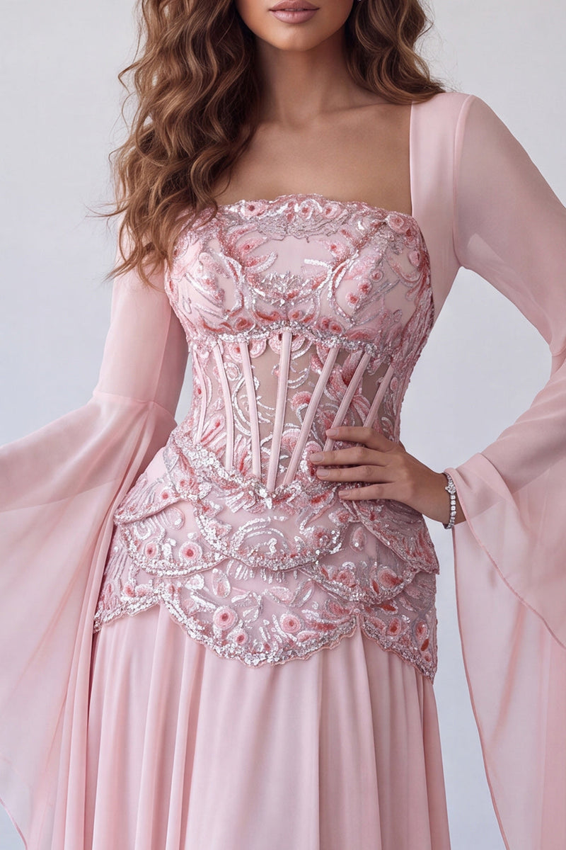 Laden Sie das Bild in den Galerie-Viewer, Hellrosa Flare-Ärmel Korsett A-Linie Pailletten Langes Festliches Kleid