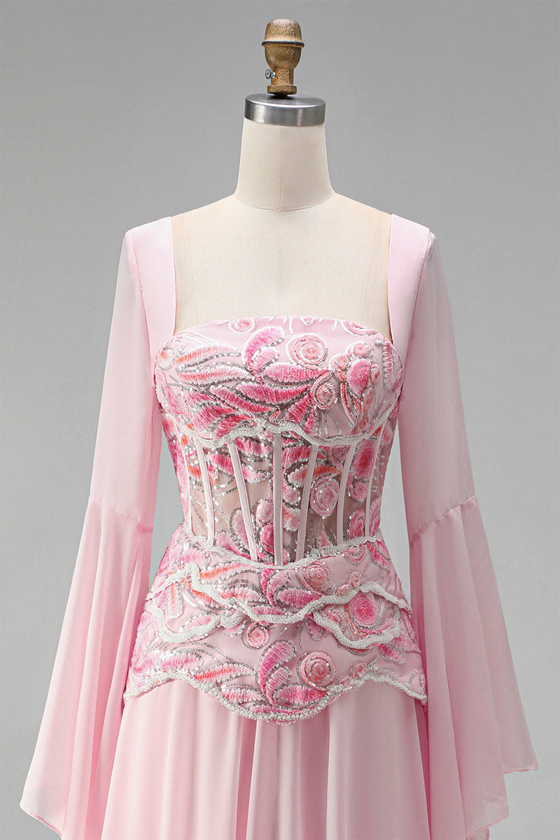 Laden Sie das Bild in den Galerie-Viewer, Hellrosa Stickerei-Korsett A-Linie Peplum Chiffon Langballkleid mit langen Glöckeärmeln