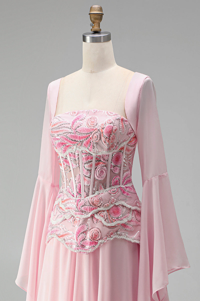 Laden Sie das Bild in den Galerie-Viewer, Hellrosa Stickerei-Korsett A-Linie Peplum Chiffon Langballkleid mit langen Glöckeärmeln