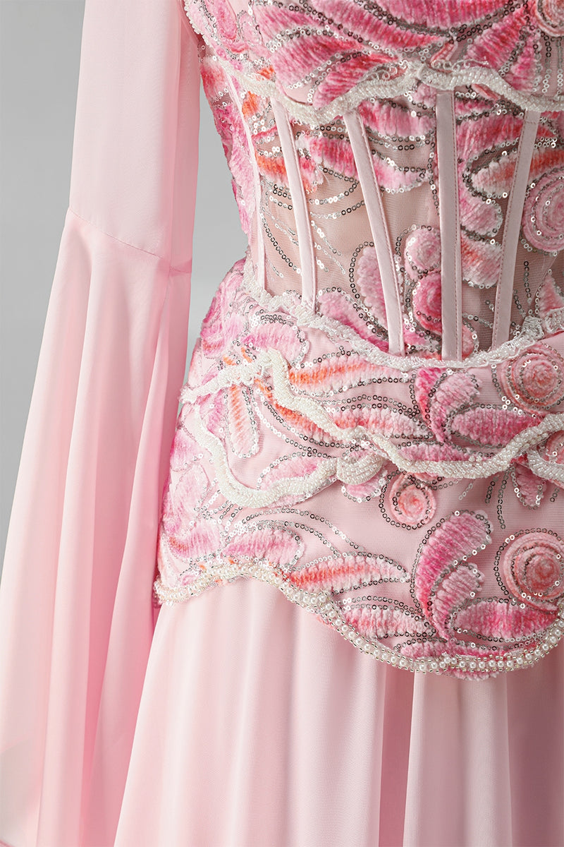 Laden Sie das Bild in den Galerie-Viewer, Hellrosa Flare-Ärmel Korsett A-Linie Pailletten Langes Festliches Kleid