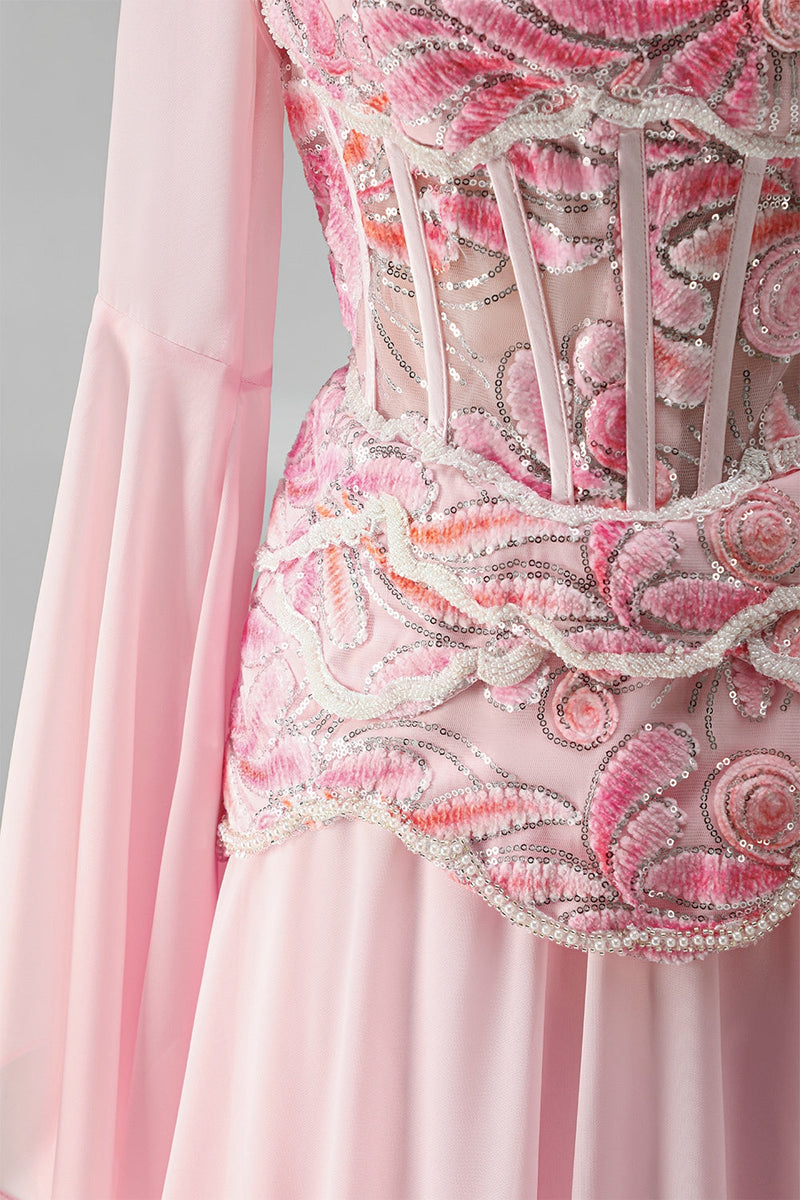 Laden Sie das Bild in den Galerie-Viewer, Hellrosa Stickerei-Korsett A-Linie Peplum Chiffon Langballkleid mit langen Glöckeärmeln