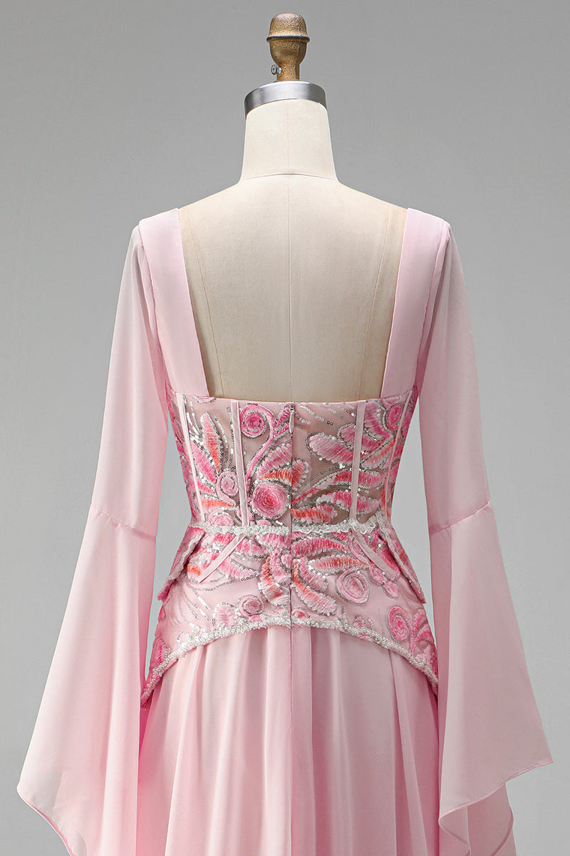 Laden Sie das Bild in den Galerie-Viewer, Hellrosa Stickerei-Korsett A-Linie Peplum Chiffon Langballkleid mit langen Glöckeärmeln