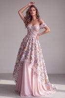 Laden Sie das Bild in den Galerie-Viewer, Rosa 3D-Blumenapplikationen A-Linie Off-the-shoulder Korsett Langes Festkleid
