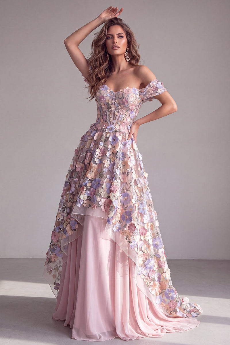 Laden Sie das Bild in den Galerie-Viewer, Rosa 3D-Blumenapplikationen A-Linie Off-the-shoulder Korsett Langes Festkleid