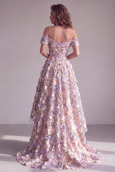 Rosa 3D-Blumenapplikationen A-Linie Off-the-shoulder Korsett Langes Festkleid