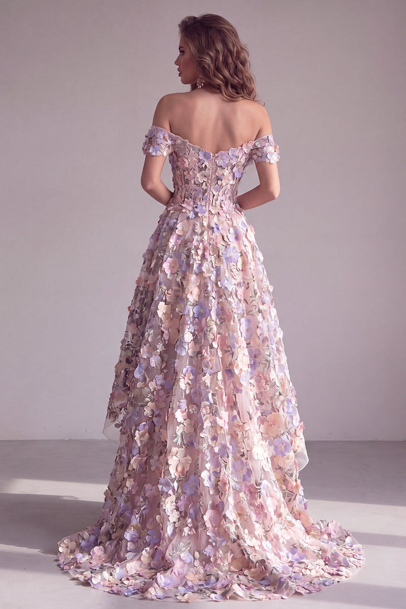 Laden Sie das Bild in den Galerie-Viewer, Rosa 3D-Blumenapplikationen A-Linie Off-the-shoulder Korsett Langes Festkleid