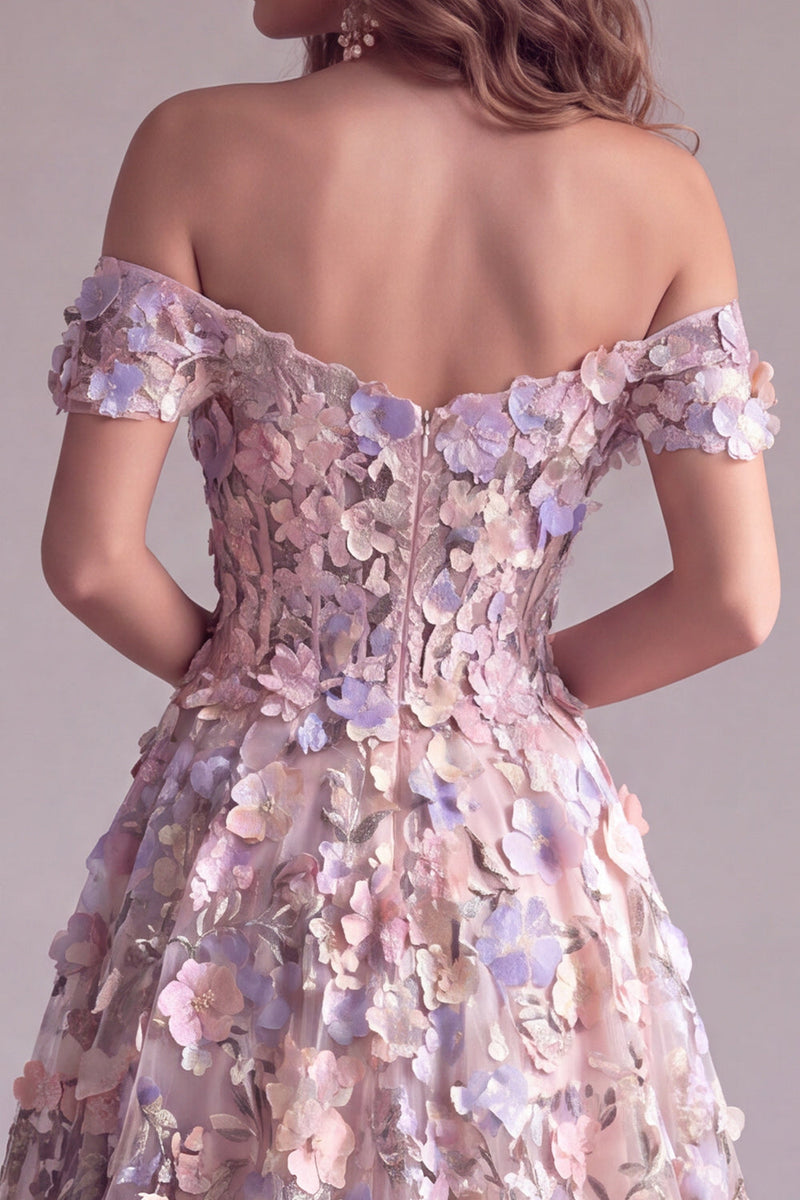 Laden Sie das Bild in den Galerie-Viewer, Rosa 3D-Blumenapplikationen A-Linie Off-the-shoulder Korsett Langes Festkleid