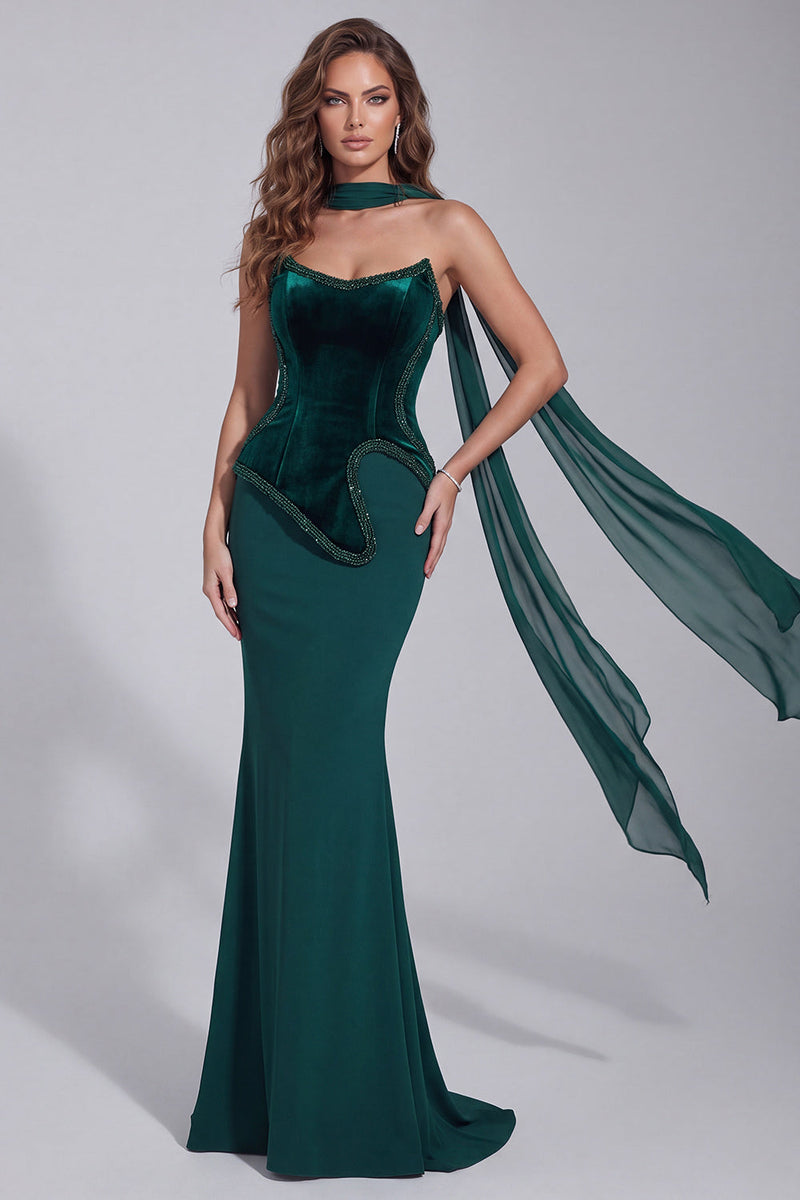 Laden Sie das Bild in den Galerie-Viewer, Dunkelgrünes Meerjungfrauen Trägerloses Korsett Abendkleid mit Halsschal
