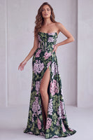 Laden Sie das Bild in den Galerie-Viewer, Dunkelgrünes Blumiges Trägerloses Korsett Gerafftes A-Linie Festkleid mit Schlitz