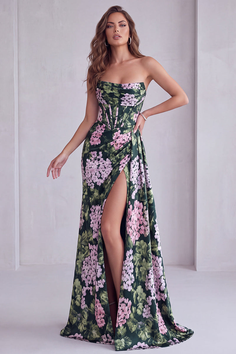 Laden Sie das Bild in den Galerie-Viewer, Dunkelgrünes Blumiges Trägerloses Korsett Gerafftes A-Linie Festkleid mit Schlitz