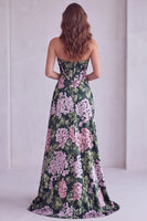 Laden Sie das Bild in den Galerie-Viewer, Dunkelgrünes Blumiges Trägerloses Korsett Gerafftes A-Linie Festkleid mit Schlitz