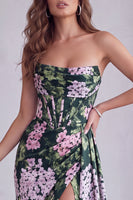 Laden Sie das Bild in den Galerie-Viewer, Dunkelgrünes Blumiges Trägerloses Korsett Gerafftes A-Linie Festkleid mit Schlitz