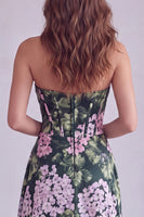 Laden Sie das Bild in den Galerie-Viewer, Dunkelgrünes Blumiges Trägerloses Korsett Gerafftes A-Linie Festkleid mit Schlitz